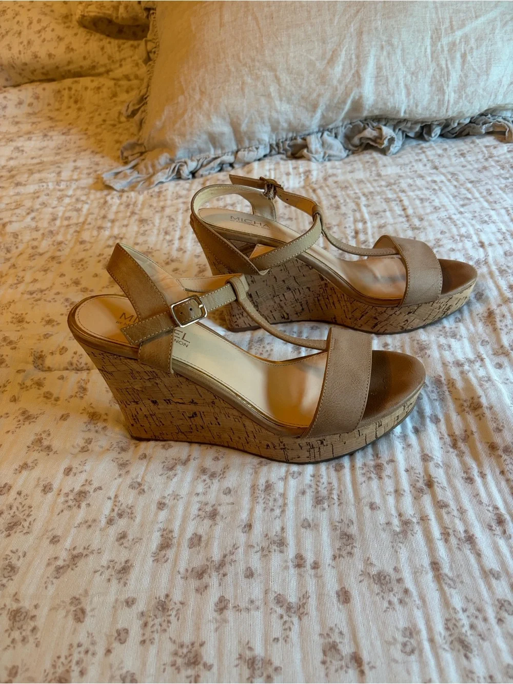 Michael Shannon Beige Cork Platform Wedge Sandals